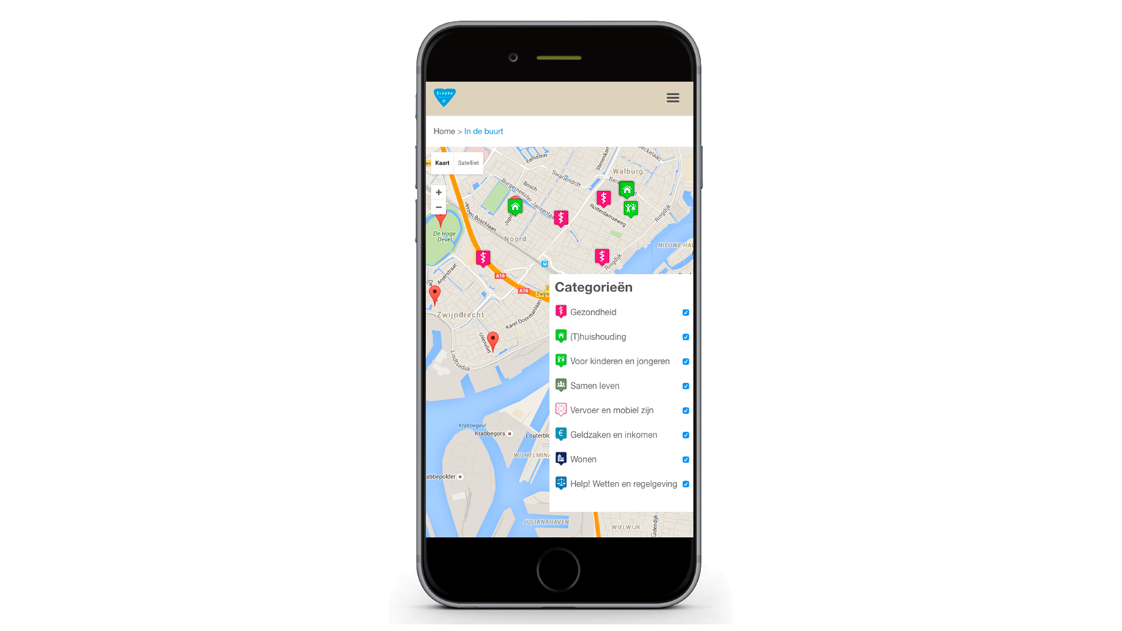 Responsive versie van de voorzieningen op de kaart in het Mett platform van Vivera Zwijndrecht